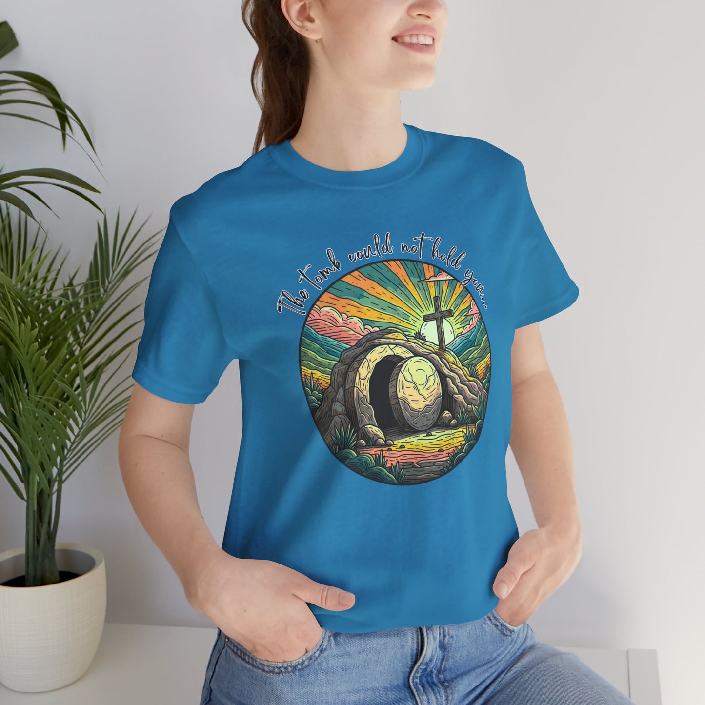 BELLA CANVAS - Easter Sunrise T-Shirt — He Is Risen Tomb & Cross Christian Tee