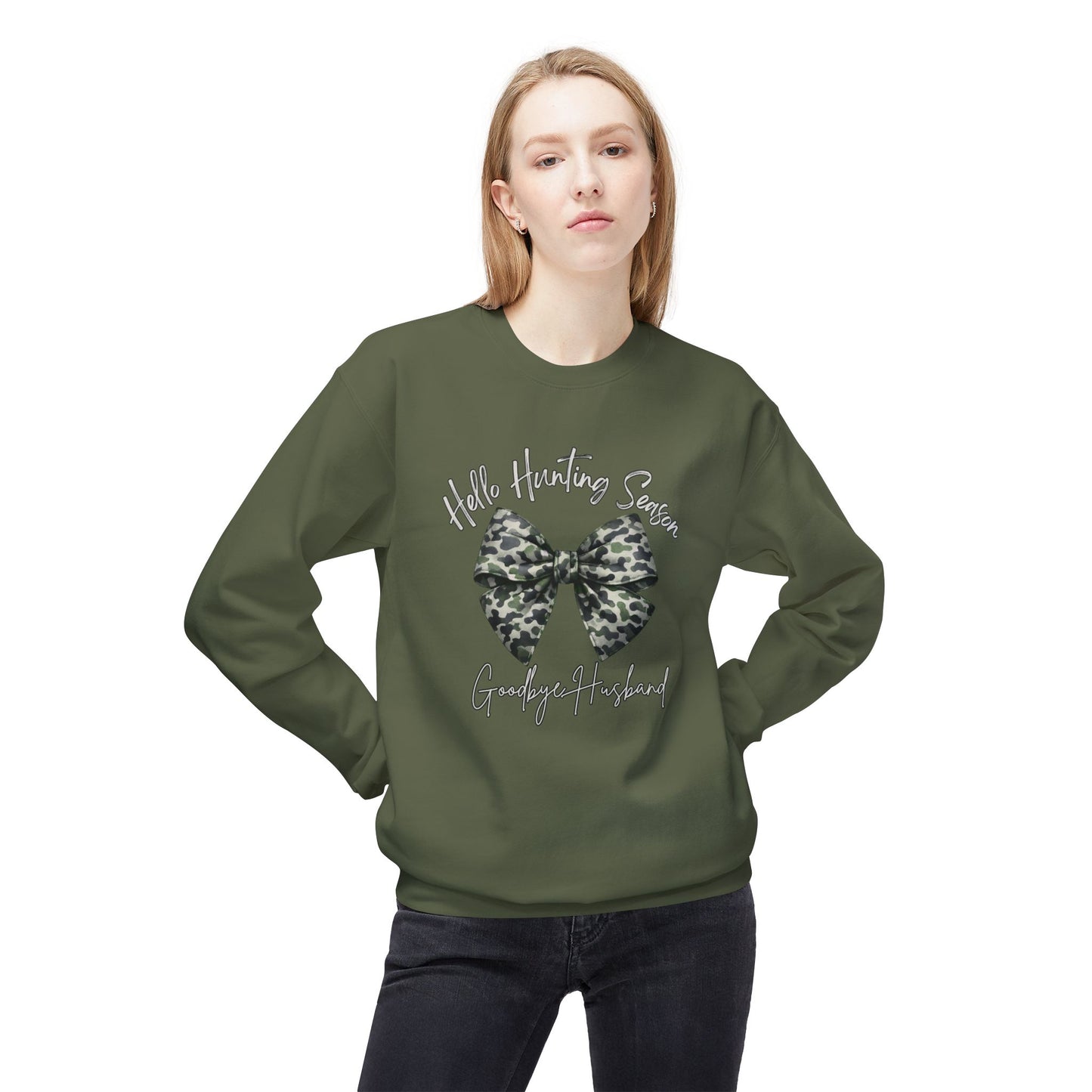 GILDAN - Crewneck Sweatshirt - 'Hate Hunting Season, Goodbye Husband' Camo Bow Graphic