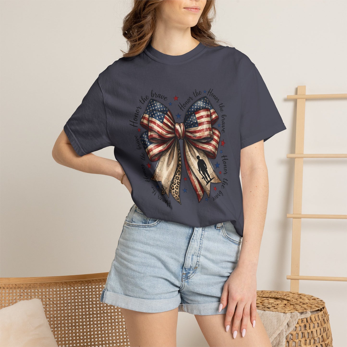 COMFORT COLORS - Patriotic American Flag Bow T-Shirt — "Home of the Brave" Fourth of July Tee