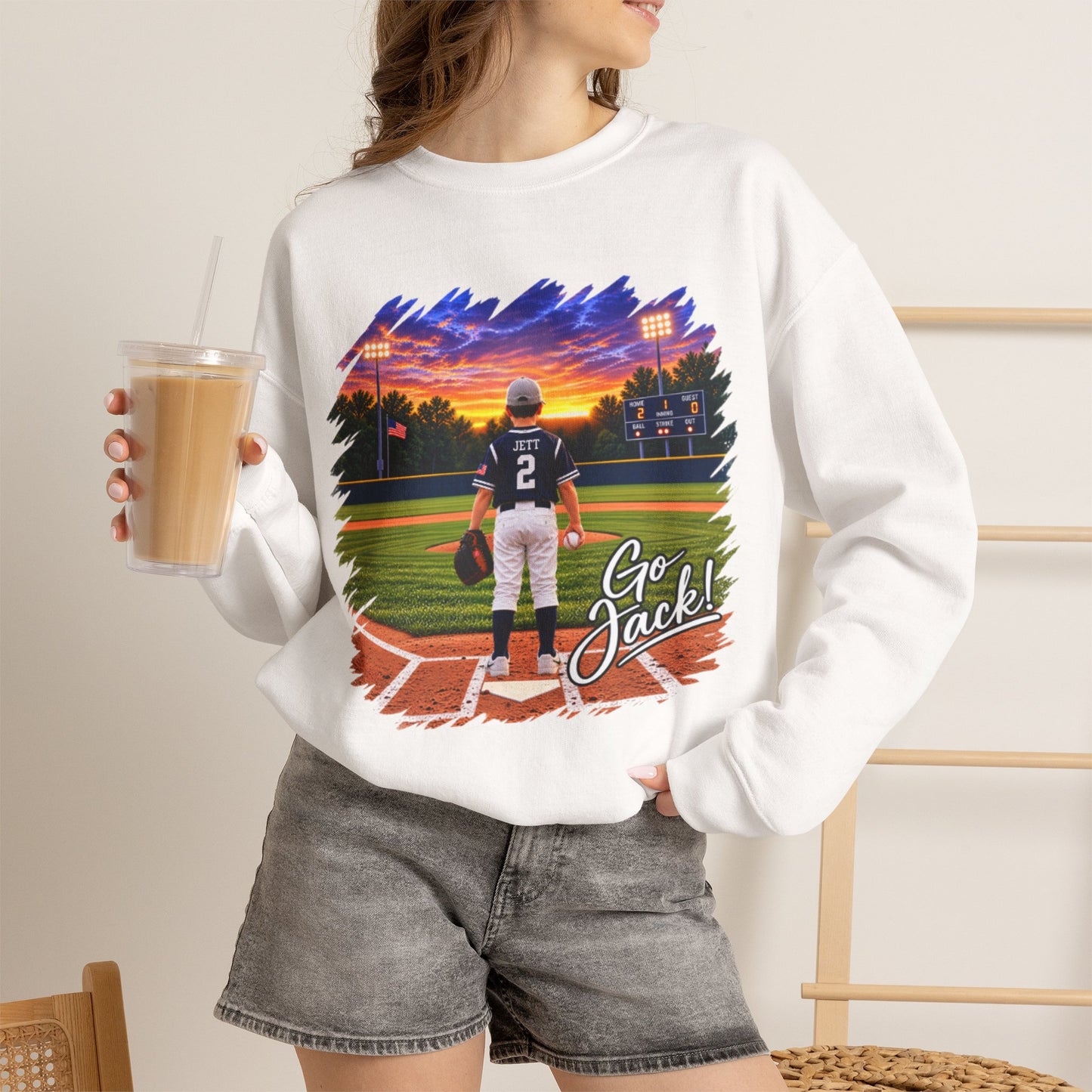 *** SPECIAL REQUEST - MORGAN JETT - GILDAN - Baseball Player Sunset Crewneck Sweatshirt — "Go Jack!" Team Spirit Crew