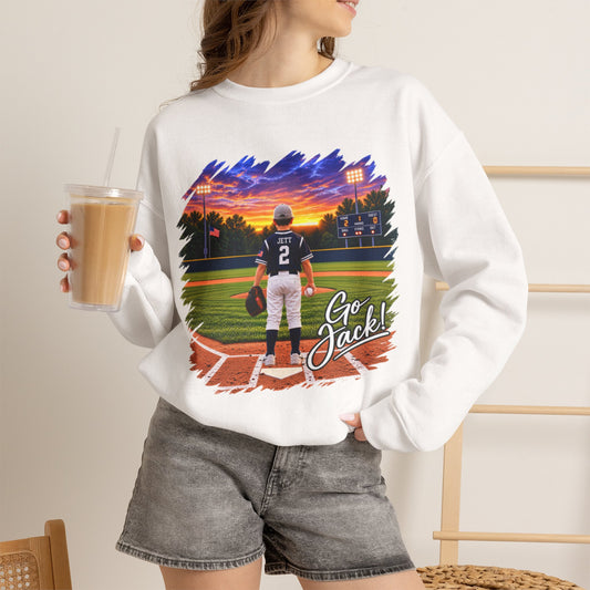 *** SPECIAL REQUEST - MORGAN JETT - GILDAN - Baseball Player Sunset Crewneck Sweatshirt — "Go Jack!" Team Spirit Crew