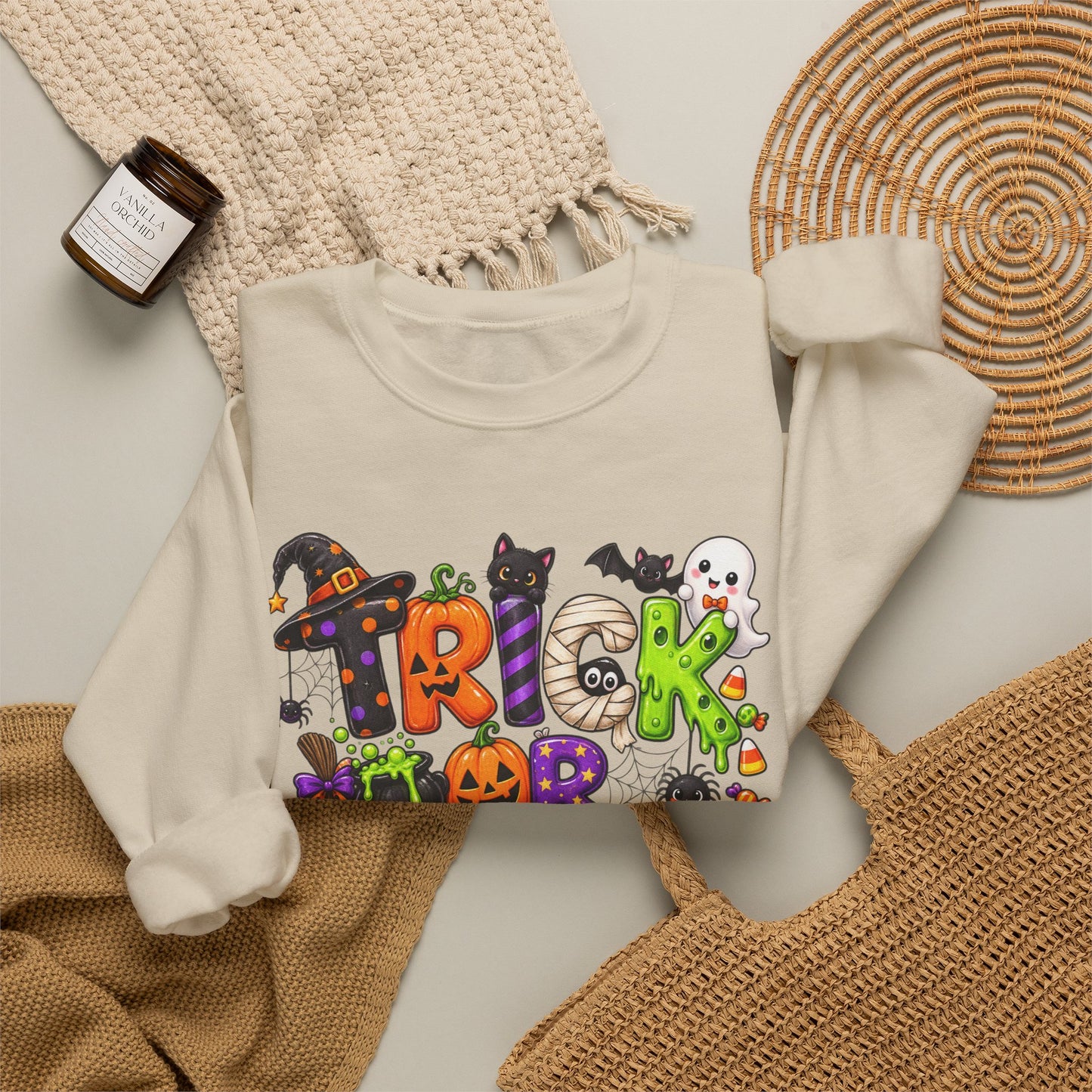 GILDAN - Halloween "Trick or Treat" Crewneck Sweatshirt - Cute Spooky Candy Graphic