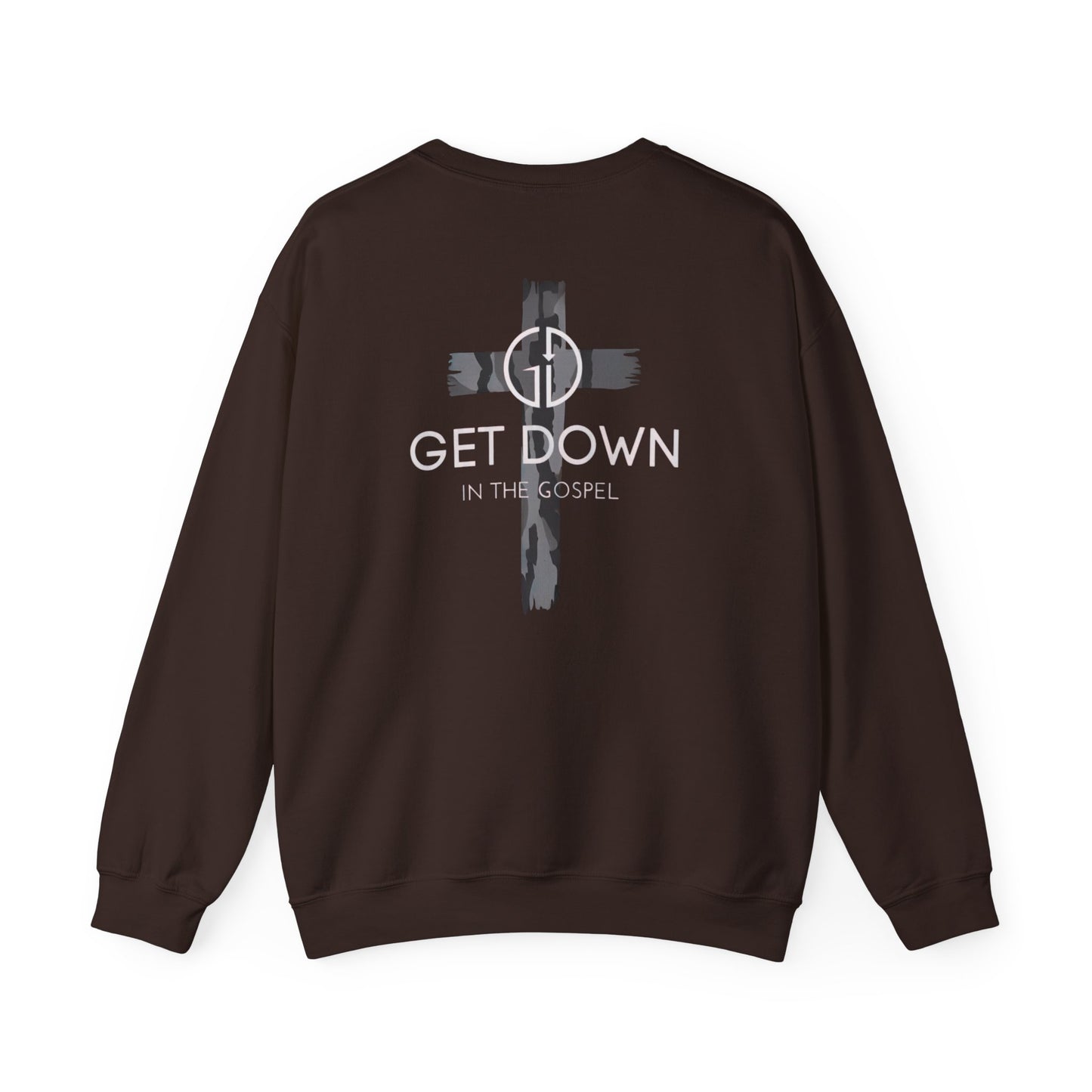 GILDAN - GET DOWN IN THE GOSPEL ADULT SWEATSHIRT GRAY CAMO CROSS