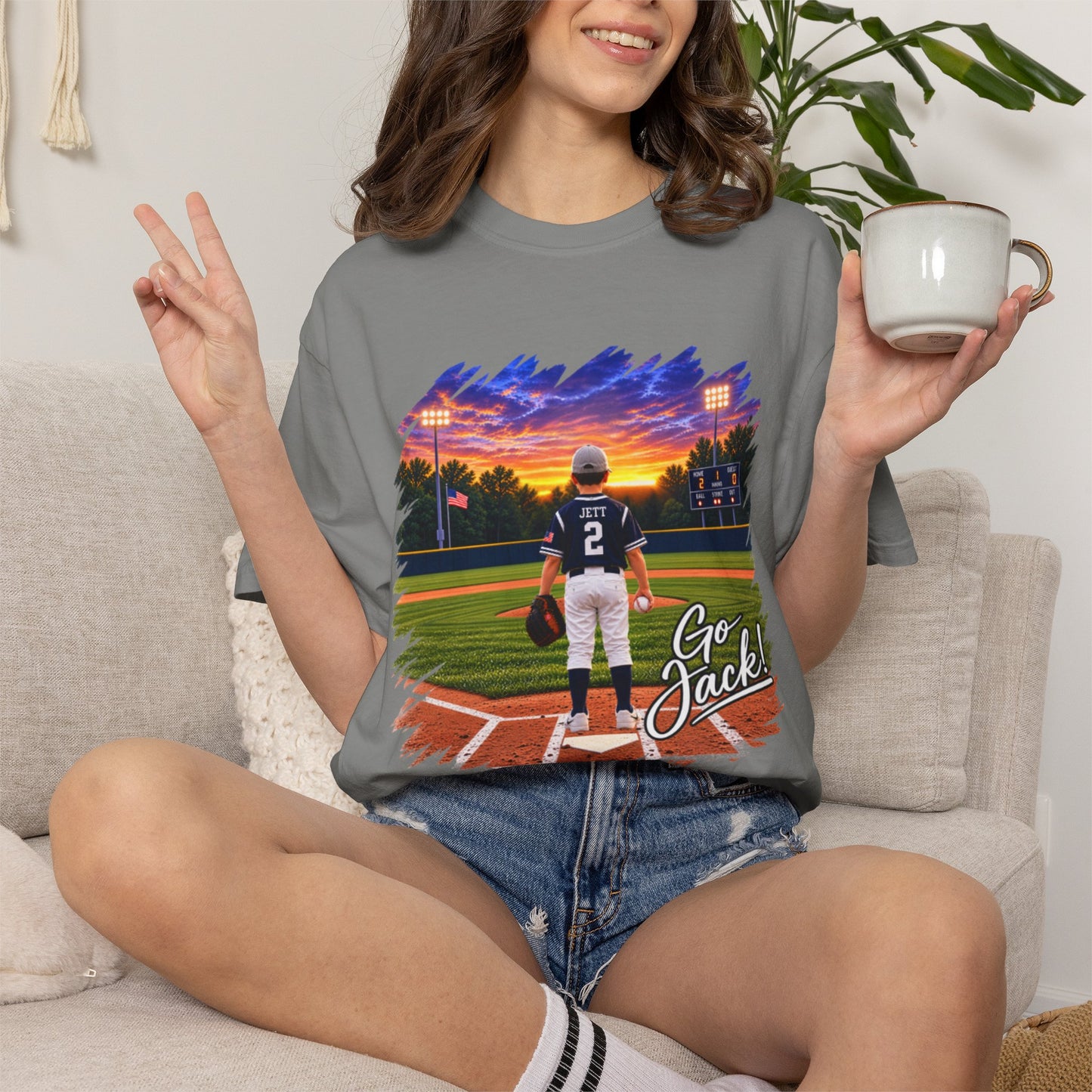 *** SPECIAL REQUESTS - MORGAN JETT - COMFORT COLORS - Baseball Player Sunset T-Shirt — "Go Jack" Personalized Team Tee