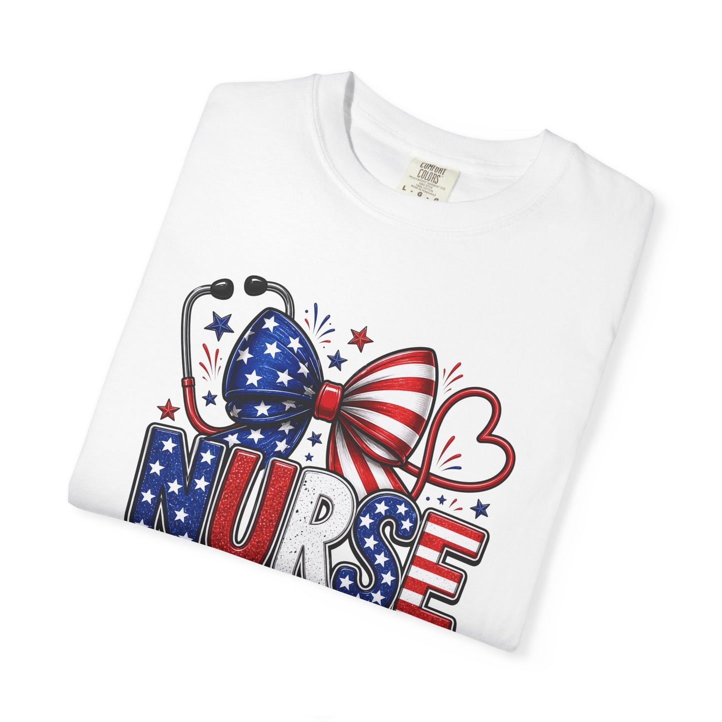 COMFORT COLORS - American Flag Nurse T-Shirt – Patriotic Stethoscope & Bow Healthcare Tee