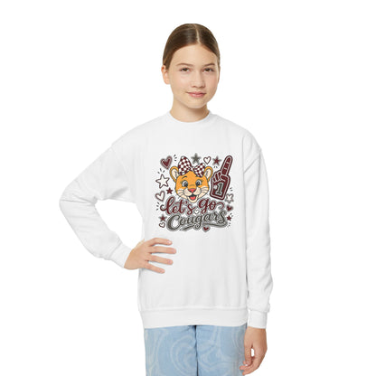 GILDAN - Youth Crewneck Sweatshirt — Cheerleader Tiger Mascot "Let's Go Cougars"