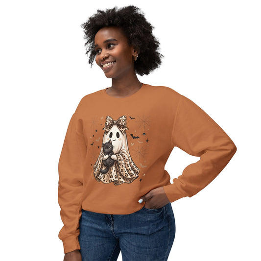 COMFORT COLORS - Leopard Bow Ghost Sweatshirt — Cute Halloween Ghost Holding Black Cat