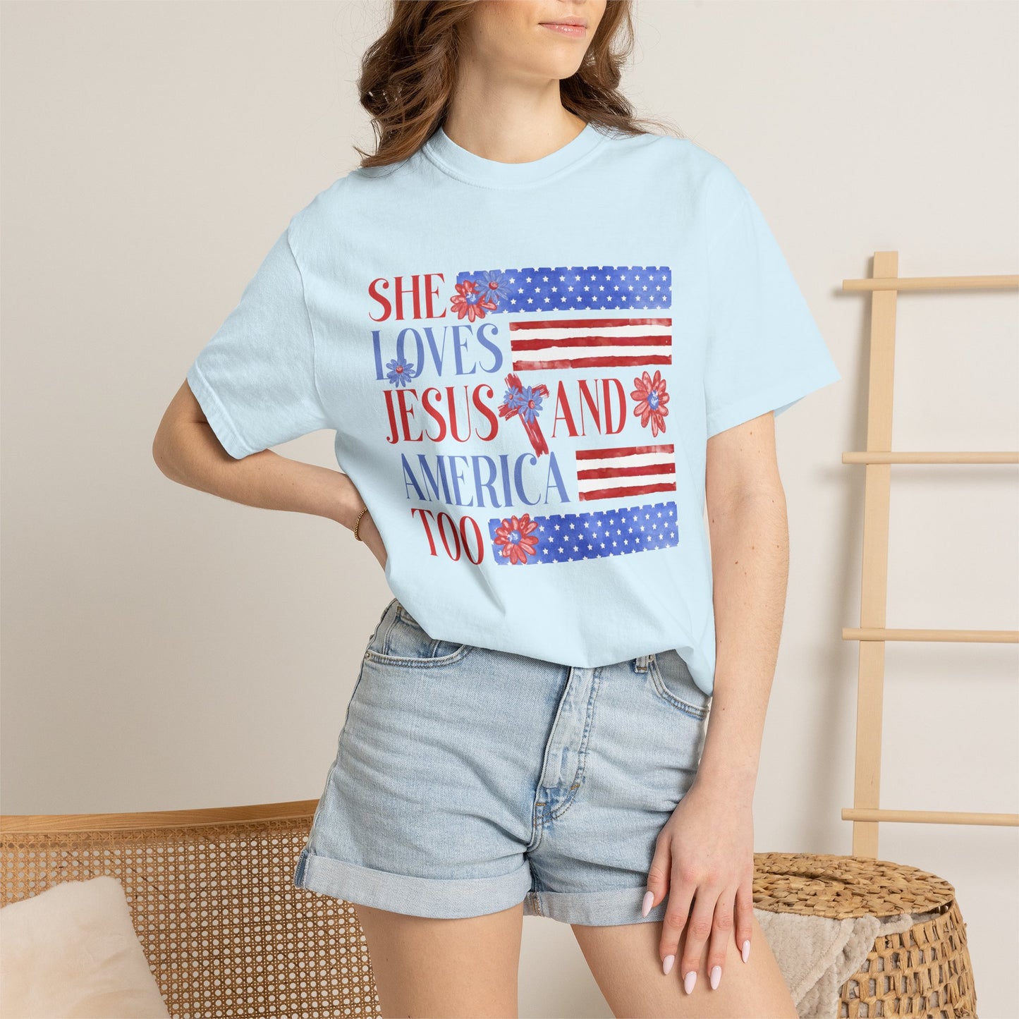 COMFORT COLORS - She Loves Jesus and America Too T-Shirt — Patriotic Christian Tee for Women (July 4th)