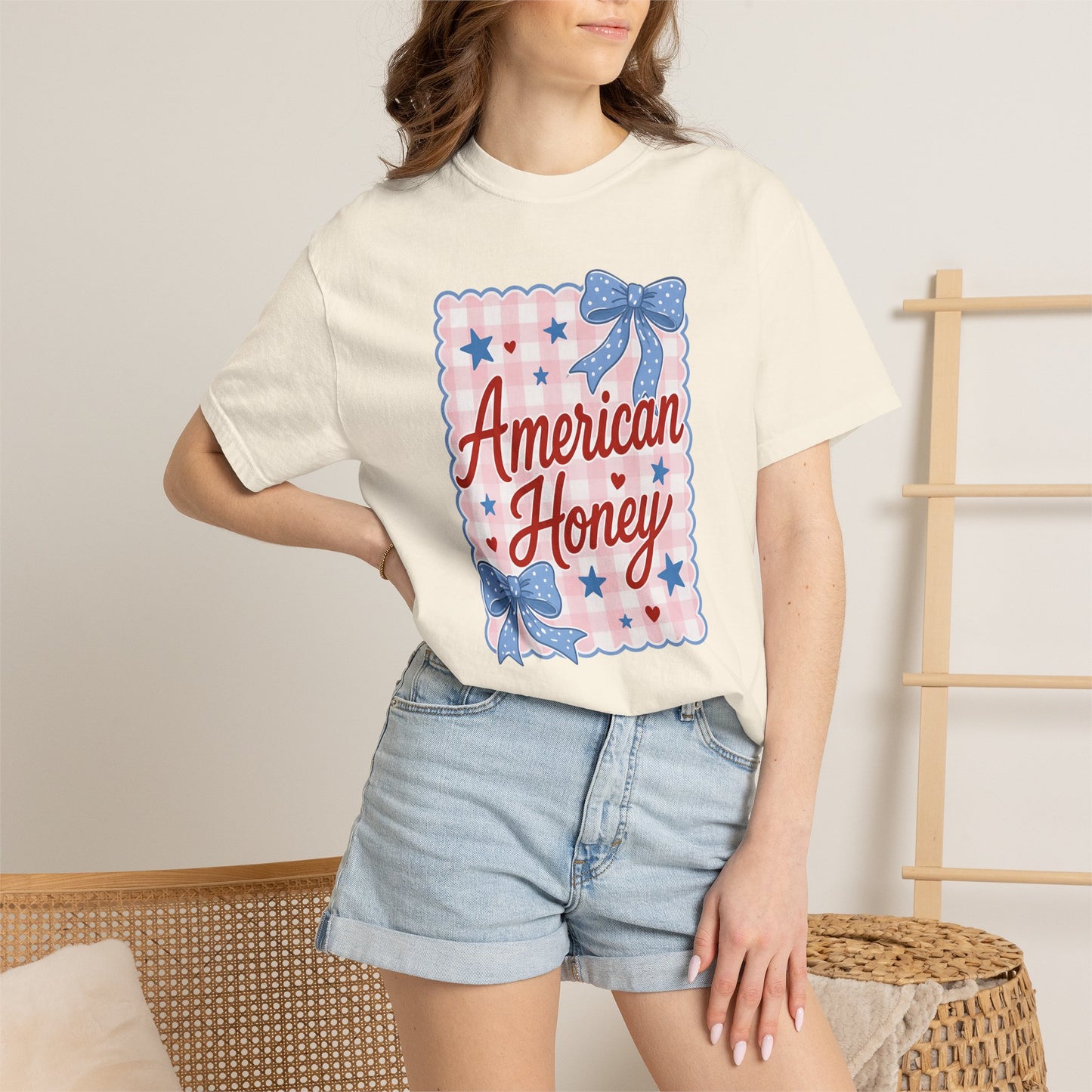 COMFORT COLORS - American Honey Graphic T-Shirt — Retro Patriotic Stars & Bows