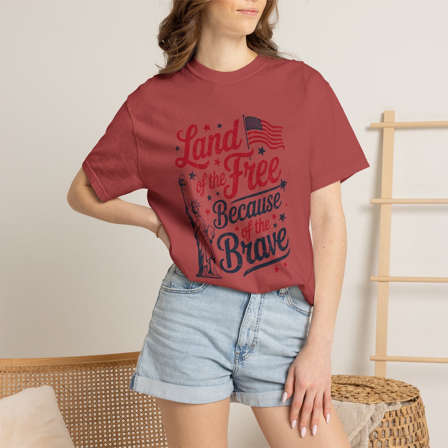 COMFORT COLORS - Land of the Free Because of the Brave T-Shirt — Patriotic Statue of Liberty Graphic Tee