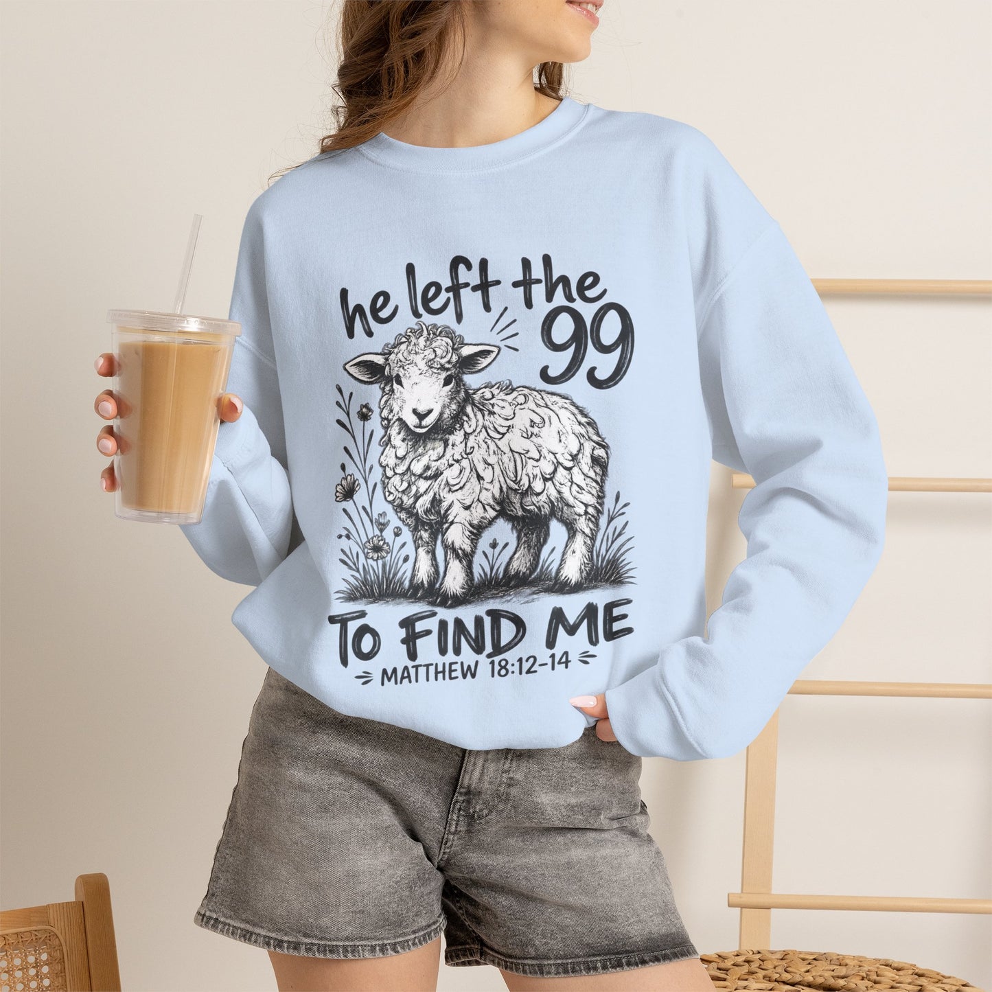 GILDAN - Christian Crewneck Sweatshirt — "He Left the 99 to Find Me" Lamb Graphic