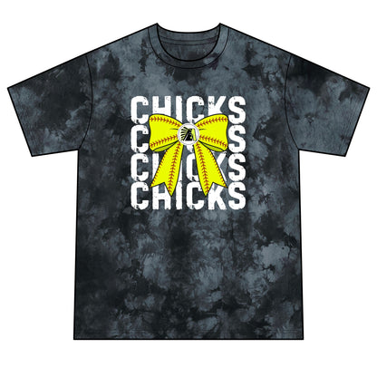 Chicks Tie-Dye Tee — Yellow Bow Graphic Soft Cotton Shirt