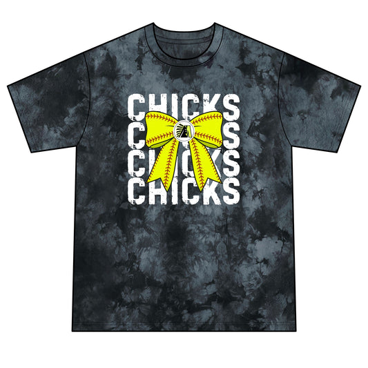 Chicks Tie-Dye Tee — Yellow Bow Graphic Soft Cotton Shirt
