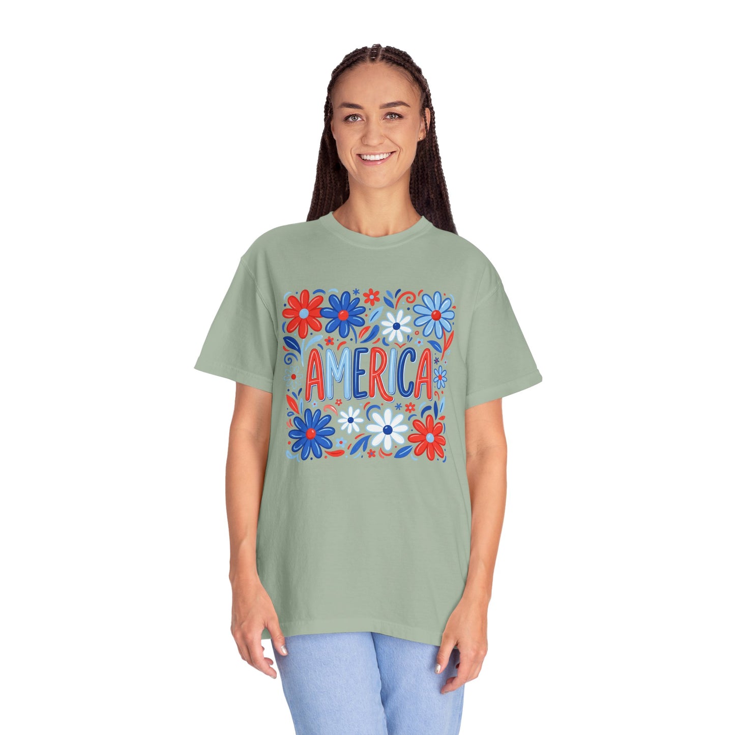 COMFORT COLORS - America Floral T-Shirt — Red, White & Blue Patriotic Tee