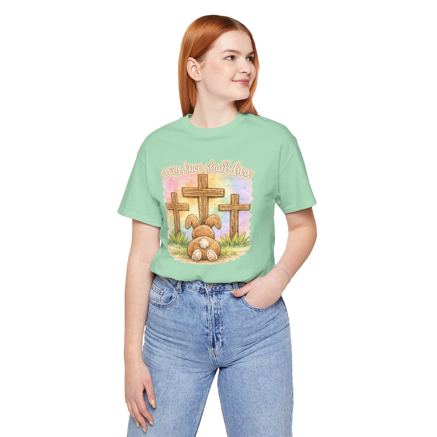 BELLA  CANVAS - Easter Bunny Kneeling at Crosses T‑Shirt — Christian Easter Faith Tee