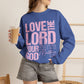 GILDAN - Christian Crewneck Sweatshirt — "Love the Lord Your God" Pink Scripture Graphic