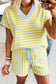 Red Stripe Colorblock Trim V Neck Tee Drawstring Elastic Waist Short Set