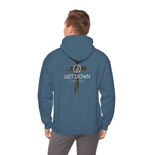 GET DOWN IN THE GOSPEL ADULT HOODIE GREEN CAMO CROSS