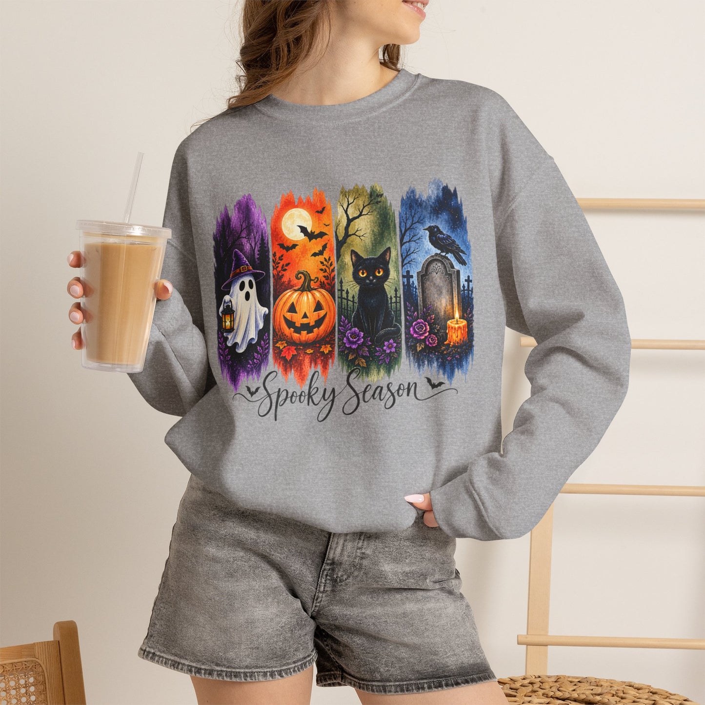 GILDAN - Spooky Season Halloween Crewneck Sweatshirt — Ghost, Jack-O'-Lantern & Black Cat Design