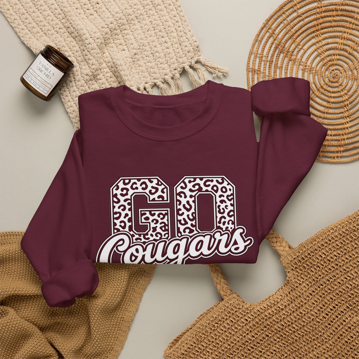 Crewneck Sweatshirt — "Go Cougars" Leopard Varsity School Spirit