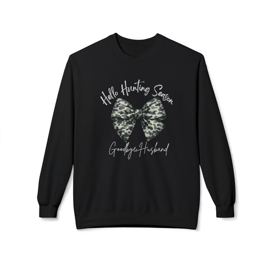 Crewneck Sweatshirt - 'Hate Hunting Season, Goodbye Husband' Camo Bow Graphic