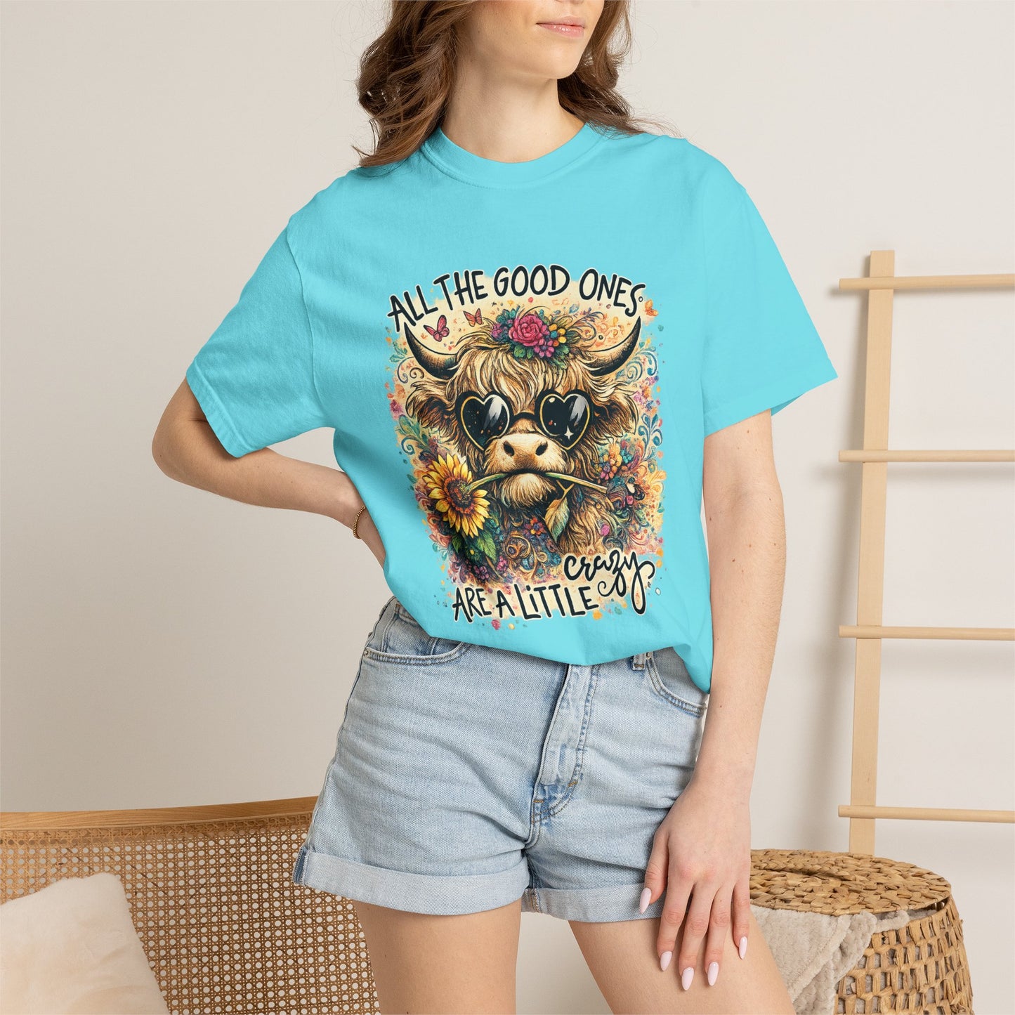 COMFORT COLORS - Cow Graphic T-Shirt — "All the Good Ones Are a Little Crazy" Floral Sunflower Design