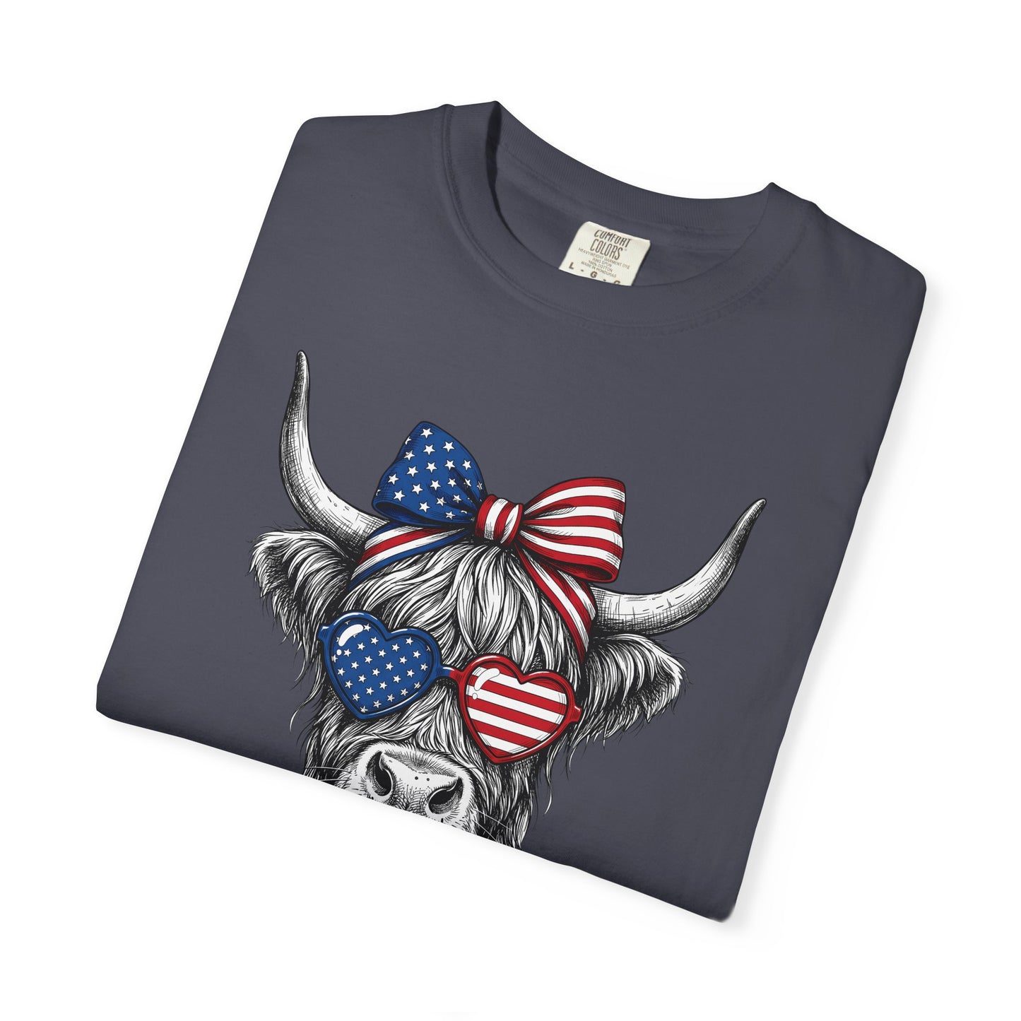 COMFORT COLORS - Patriotic Highland Cow T-Shirt — American Flag Heart Sunglasses