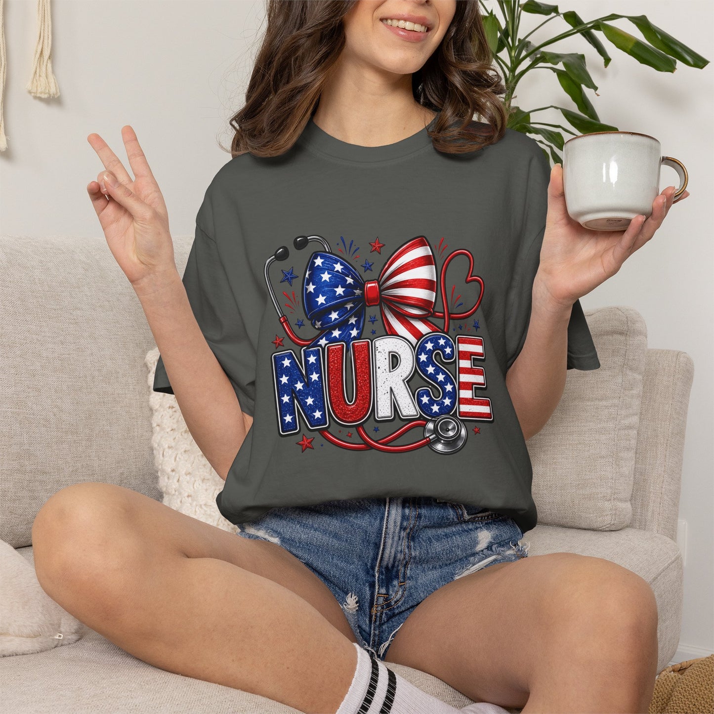 COMFORT COLORS - American Flag Nurse T-Shirt – Patriotic Stethoscope & Bow Healthcare Tee