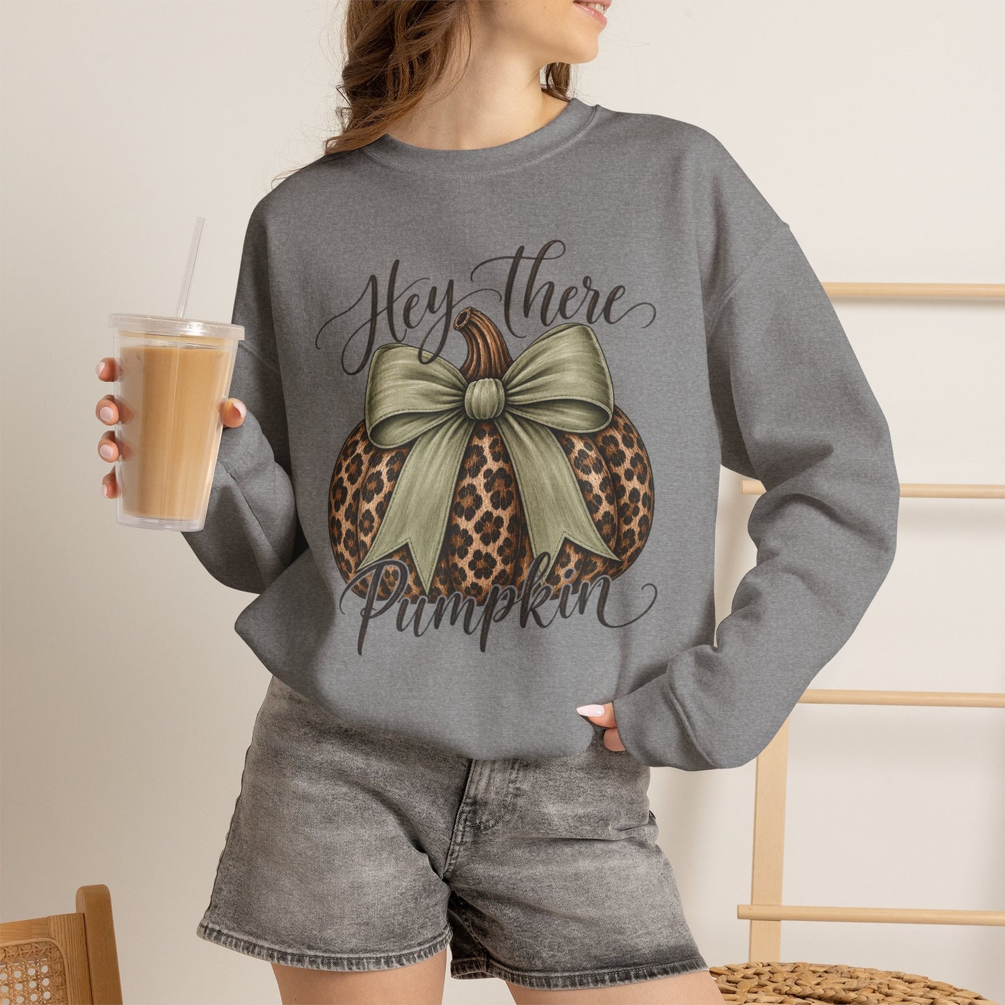 GILDAN - Hey There Pumpkin Sweatshirt — Leopard Pumpkin with Olive Bow Fall Crewneck