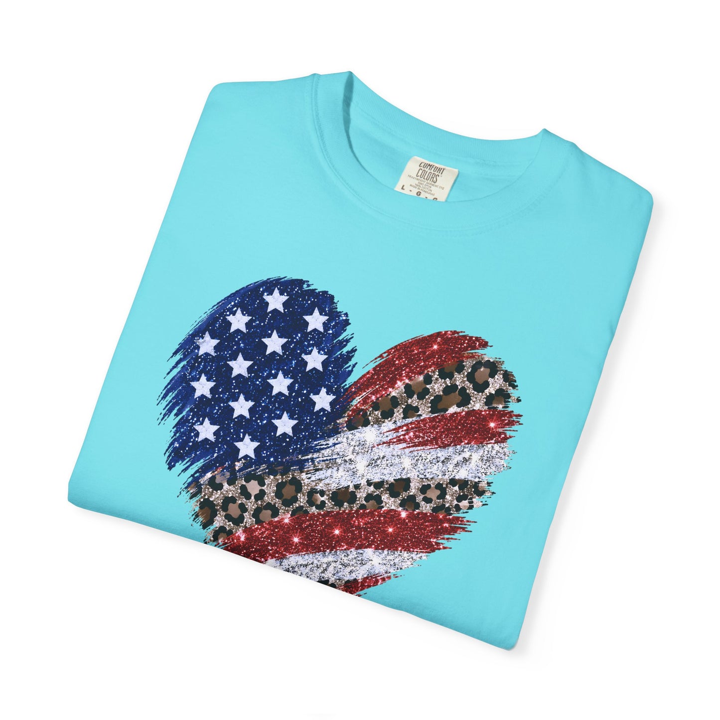 COMFORT COLORS - Patriotic Leopard Flag Heart T-Shirt — American Flag Heart Graphic Tee