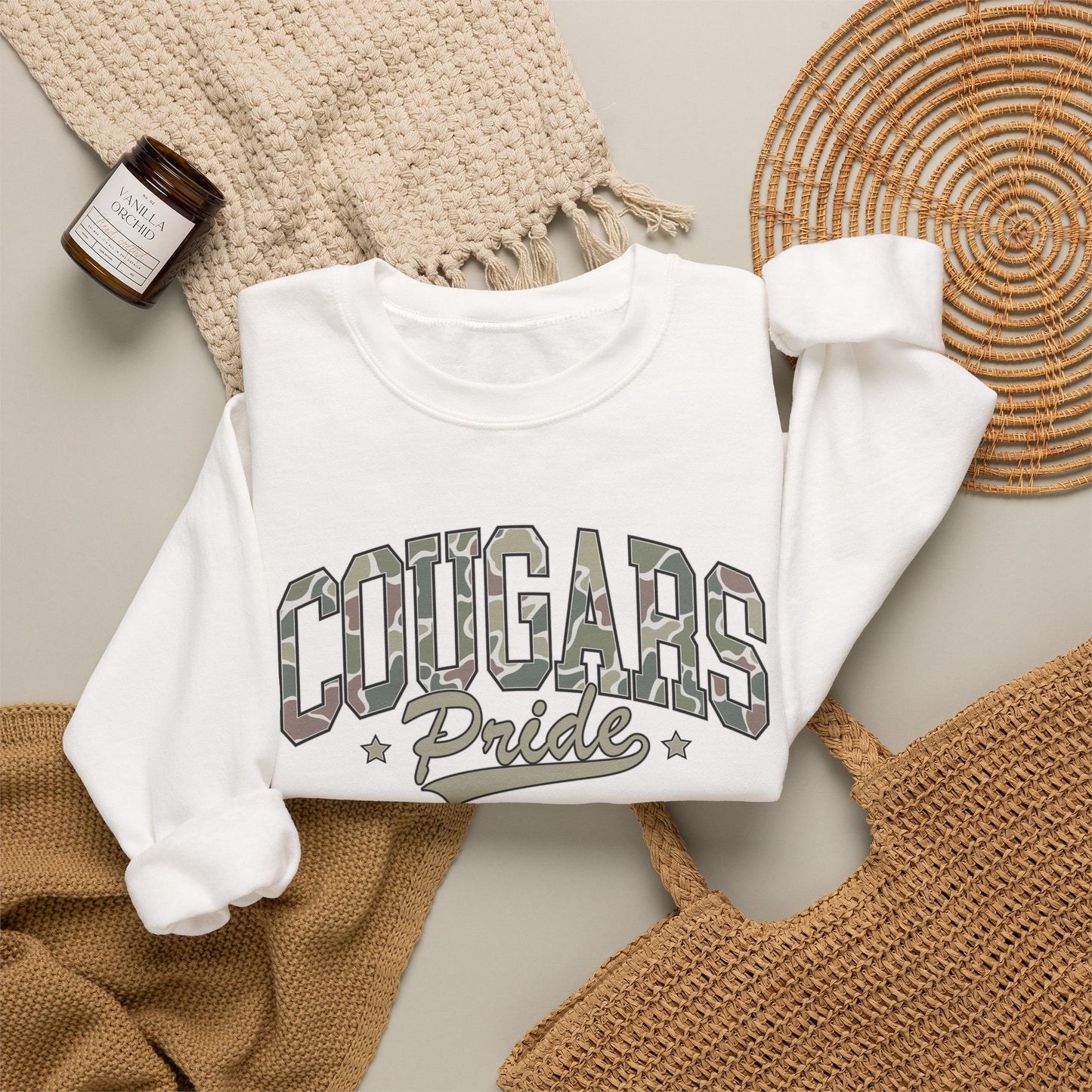 GILDAN - Cougars Pride Crewneck Sweatshirt — Vintage Camo School Spirit Pullover