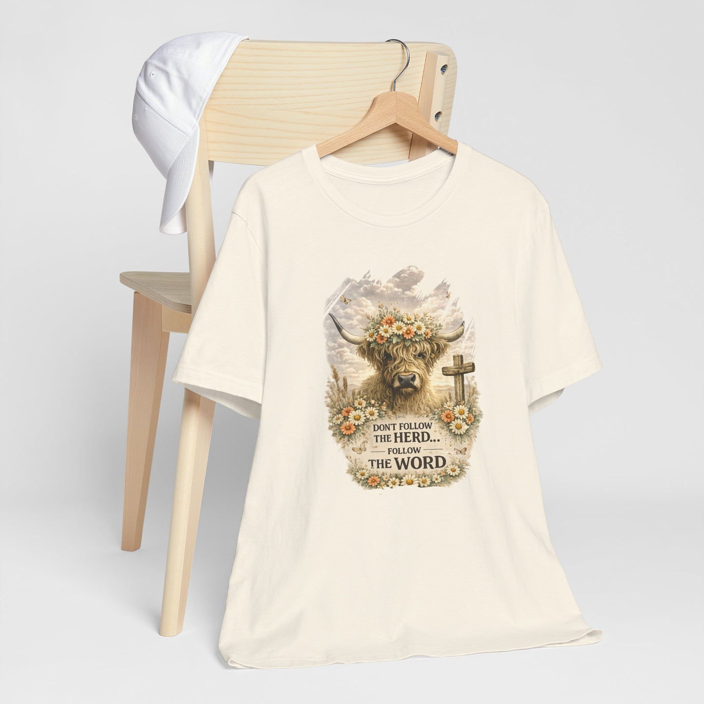Christian Cow Graphic Tee - "Don't Follow the Herd, Follow the Word" Floral Cross T-Shirt