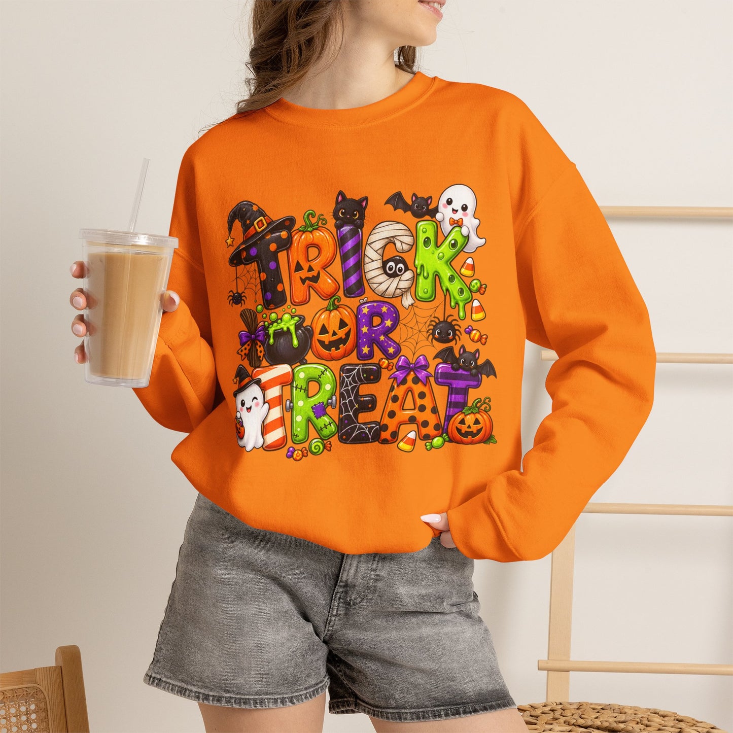 GILDAN - Halloween "Trick or Treat" Crewneck Sweatshirt - Cute Spooky Candy Graphic