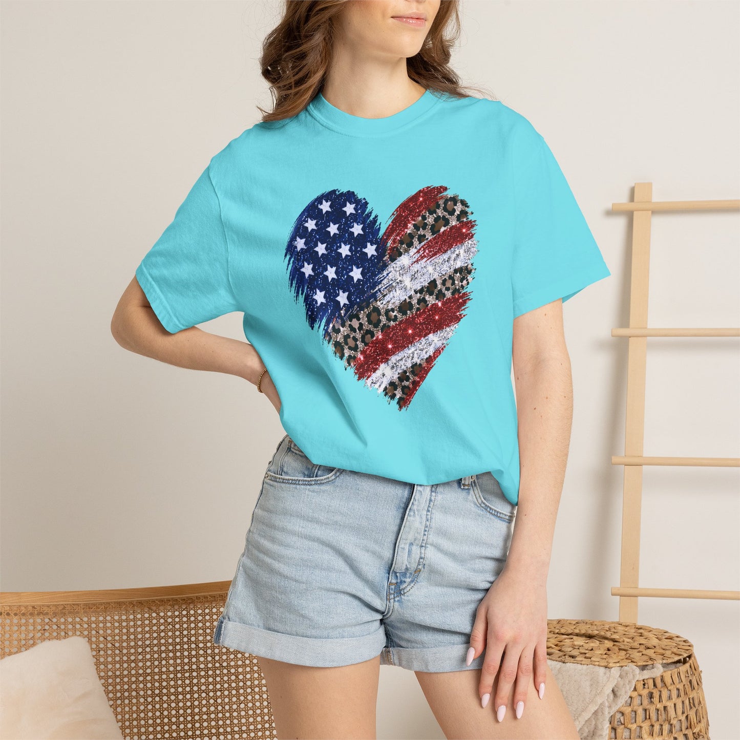 COMFORT COLORS - Patriotic Leopard Flag Heart T-Shirt — American Flag Heart Graphic Tee