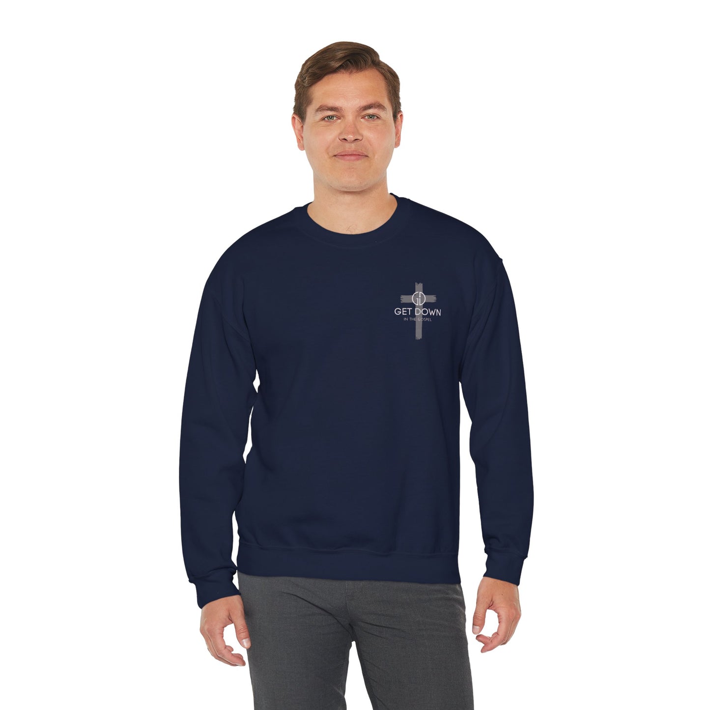 GET DOWN IN THE GOSPEL GRAY CROSS WHITE FONT
