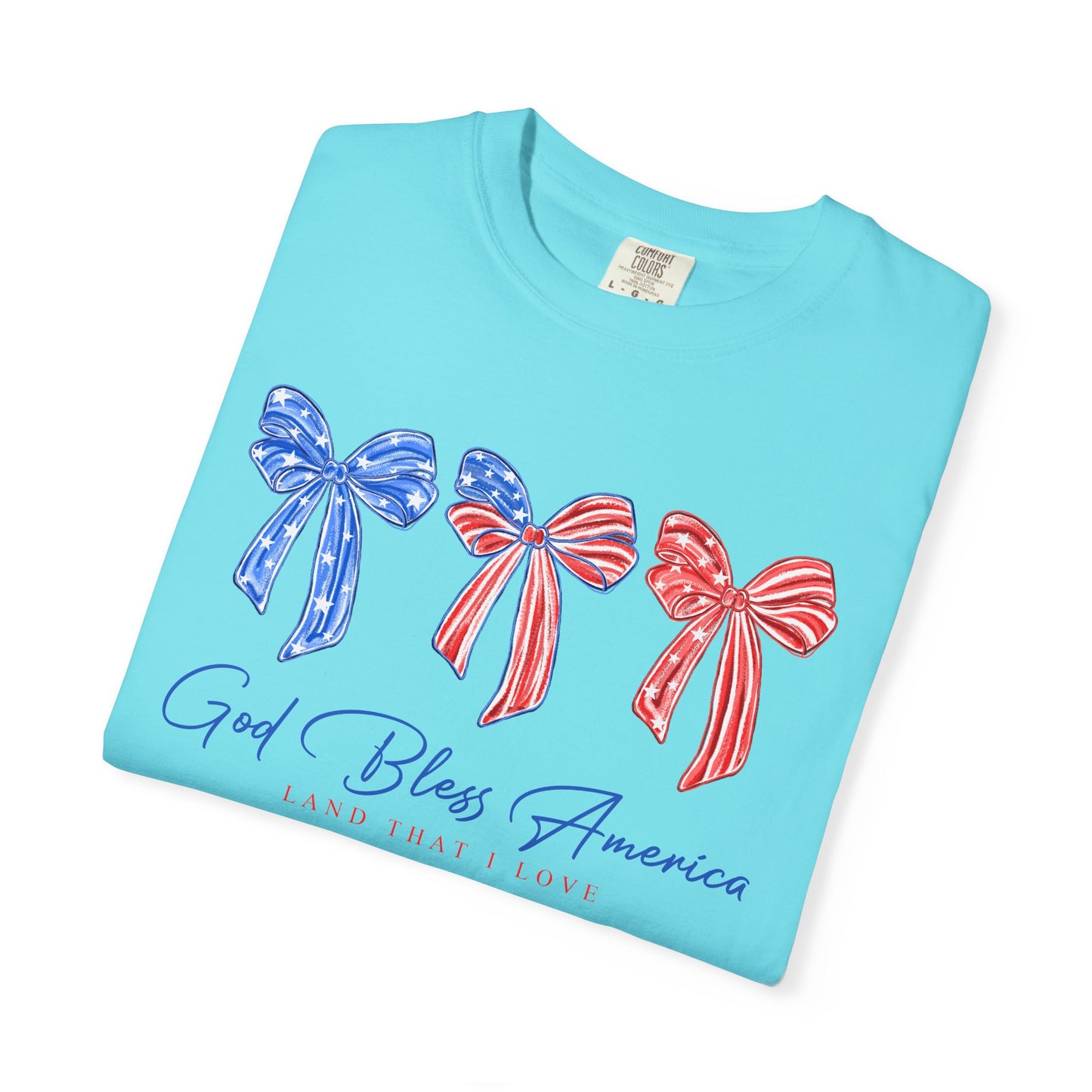 God Bless America Patriotic T-Shirt — Red, White & Blue Bow Design
