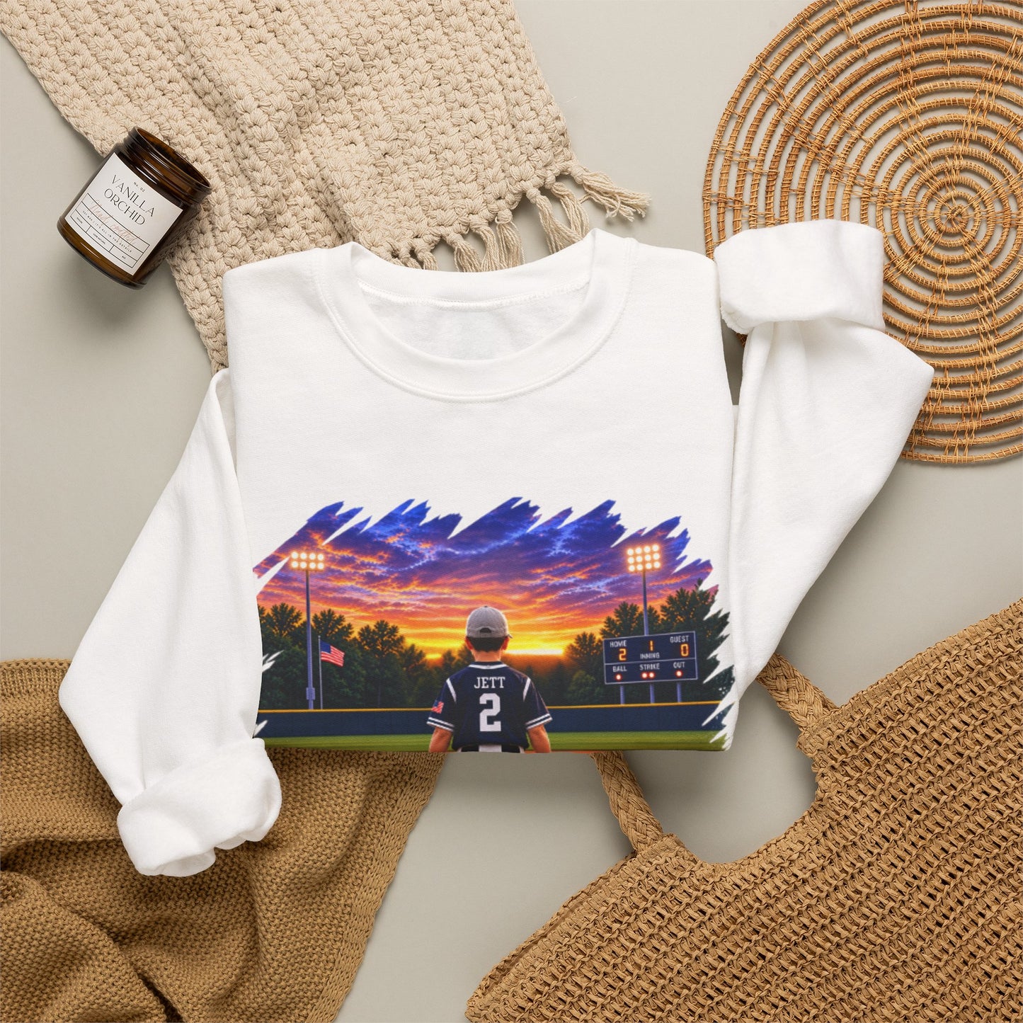 *** SPECIAL REQUEST - MORGAN JETT - GILDAN - Baseball Player Sunset Crewneck Sweatshirt — "Go Jack!" Team Spirit Crew