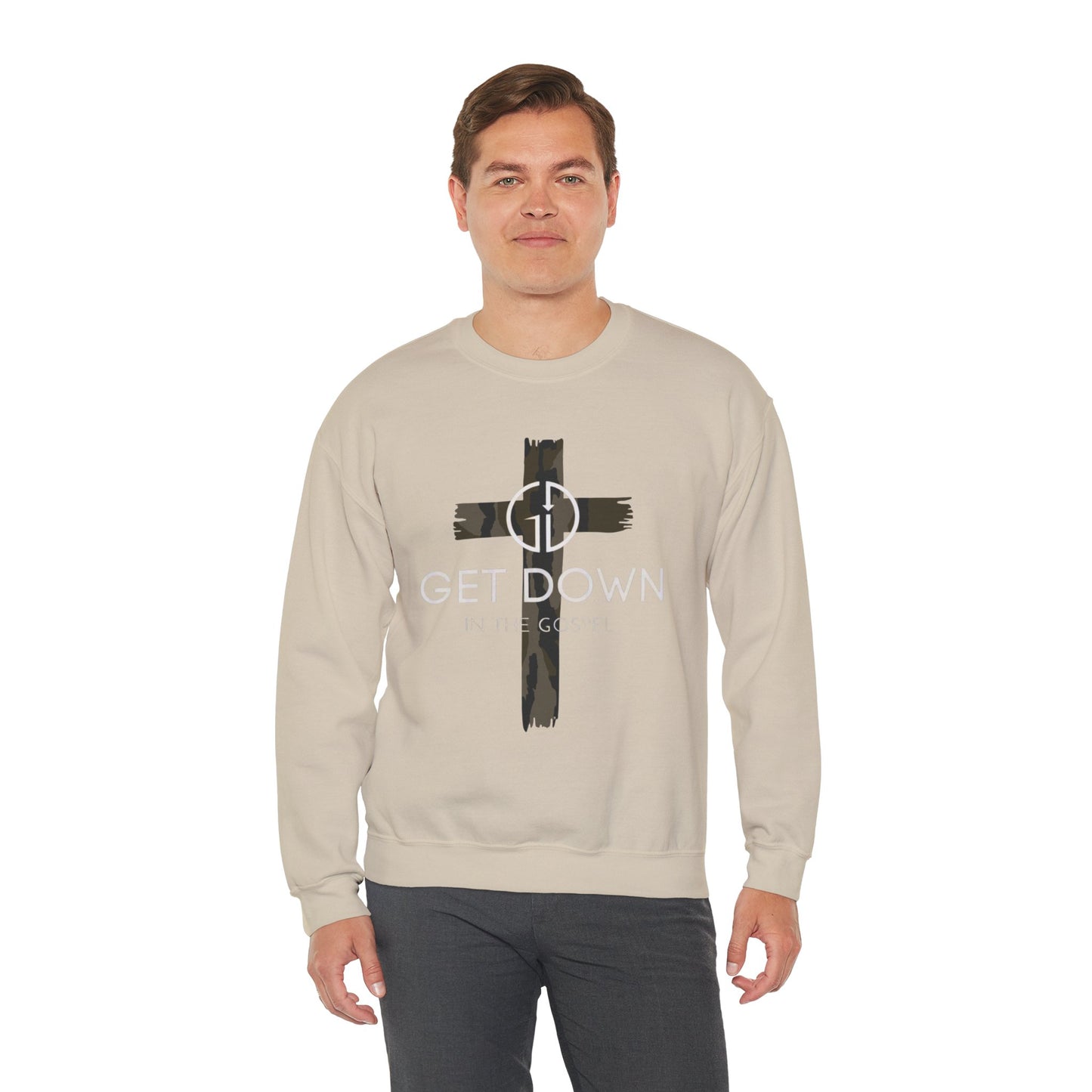 GILDAN - GET DOWN GOSPEL ADULT SWEATSHIRT GREEN CAMO CROSS
