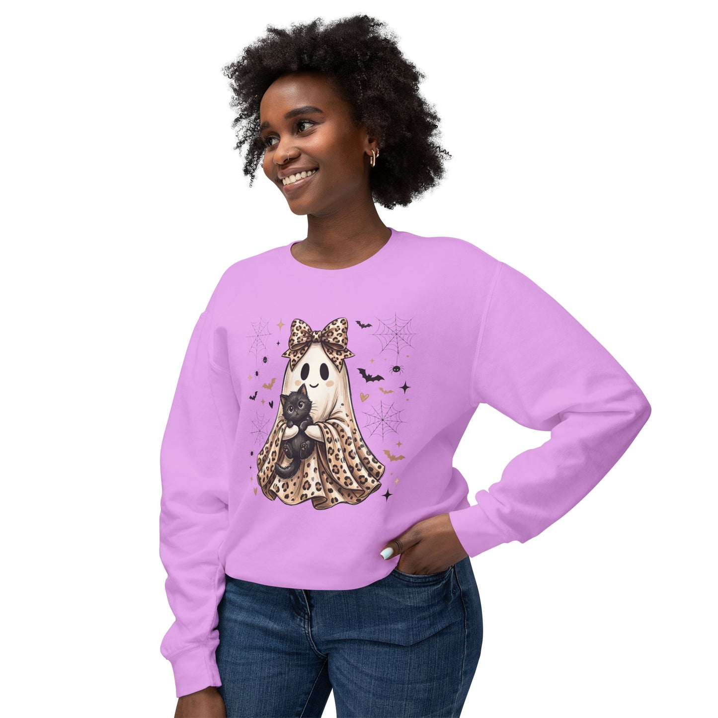 COMFORT COLORS - Leopard Bow Ghost Sweatshirt — Cute Halloween Ghost Holding Black Cat