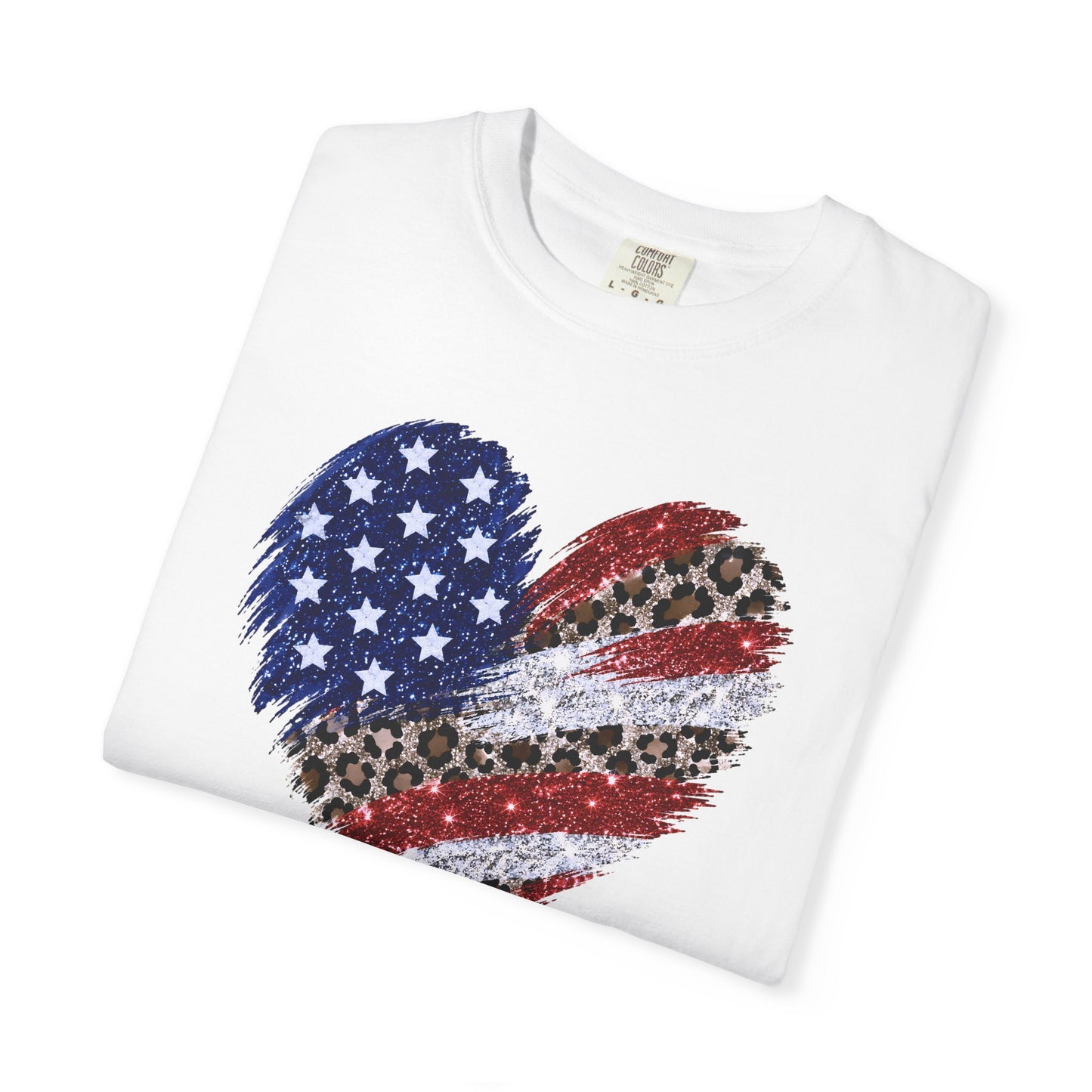 COMFORT COLORS - Patriotic Leopard Flag Heart T-Shirt — American Flag Heart Graphic Tee