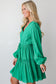 Sea Green Frilly V Neck Puff Sleeve Drawstring Shift Mini Dress