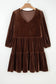 Chicory Coffee Solid Color Velvet V Neck Long Sleeve Tiered Mini Dress