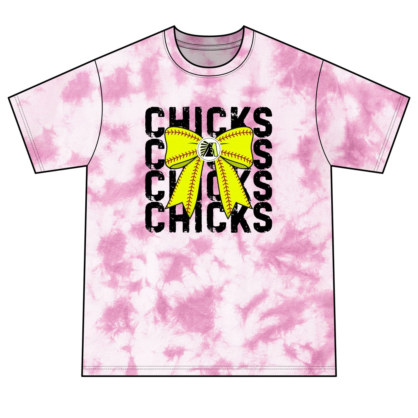 Chicks Tie-Dye Tee — Yellow Bow Graphic Soft Cotton Shirt