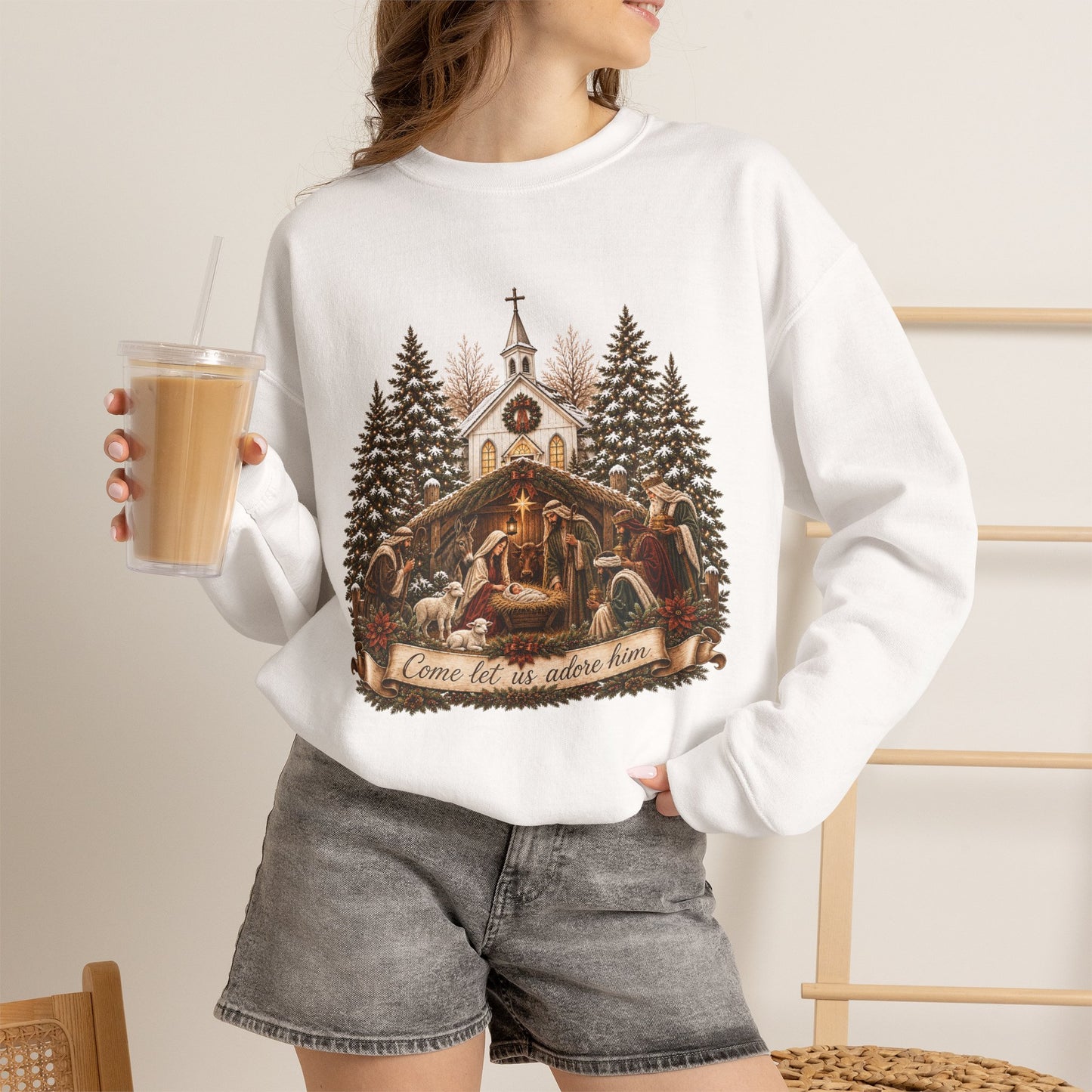 GILDAN - Nativity Scene Crewneck Sweatshirt - "Come Let Us Adore Him" Christmas Pullover