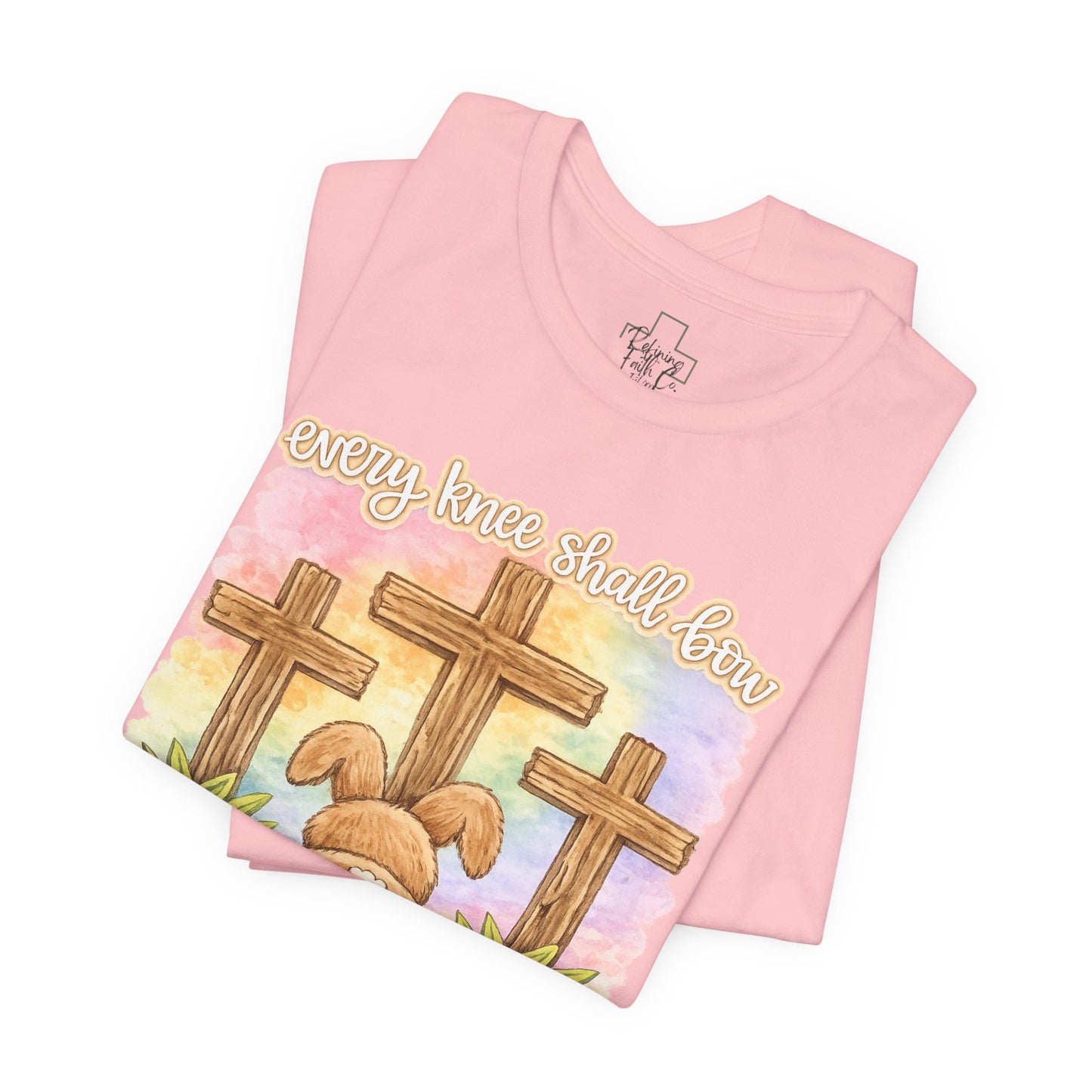 BELLA  CANVAS - Easter Bunny Kneeling at Crosses T‑Shirt — Christian Easter Faith Tee