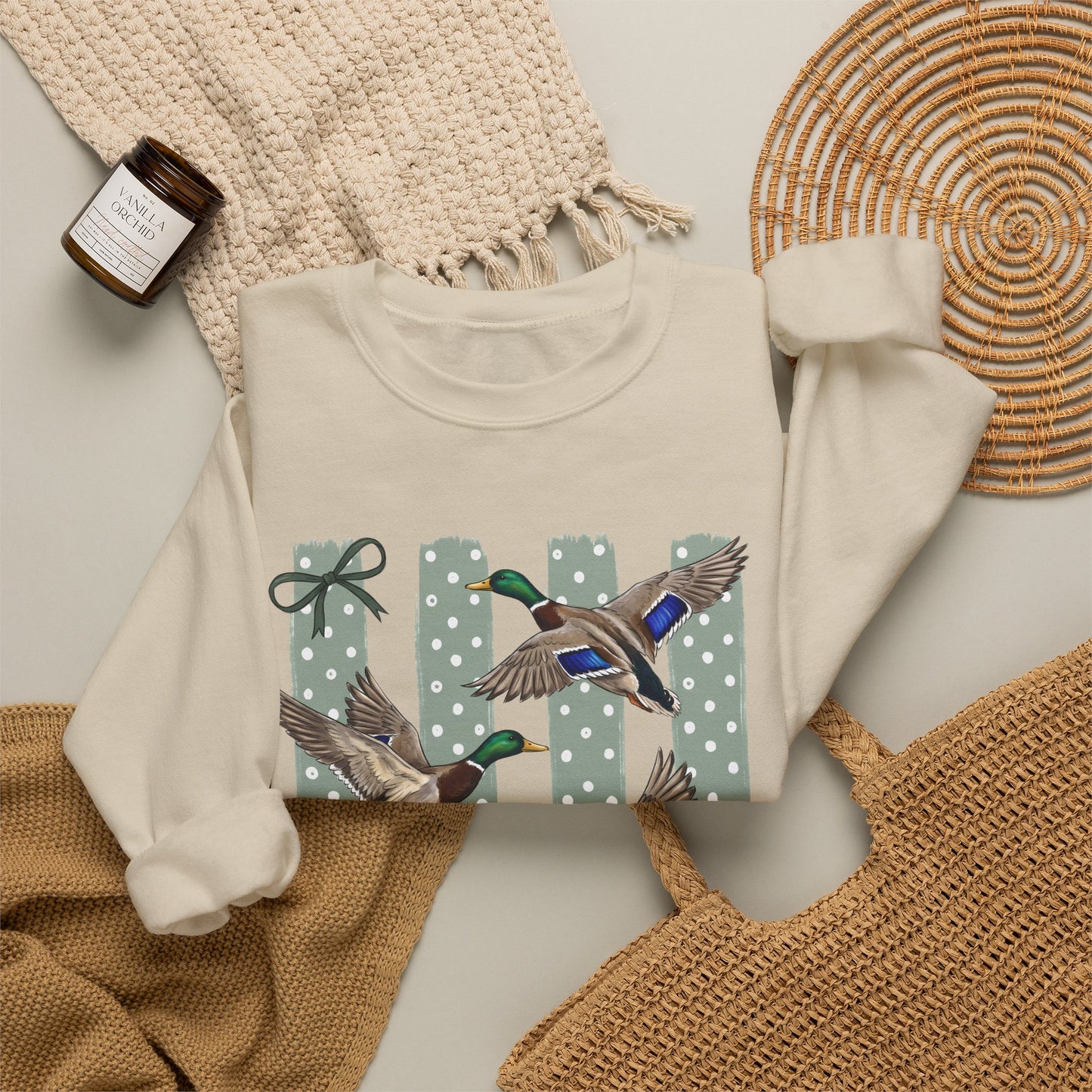 GILDAN - Mallard Duck Crewneck Sweatshirt — Polka Dot Stripe Waterfowl Graphic
