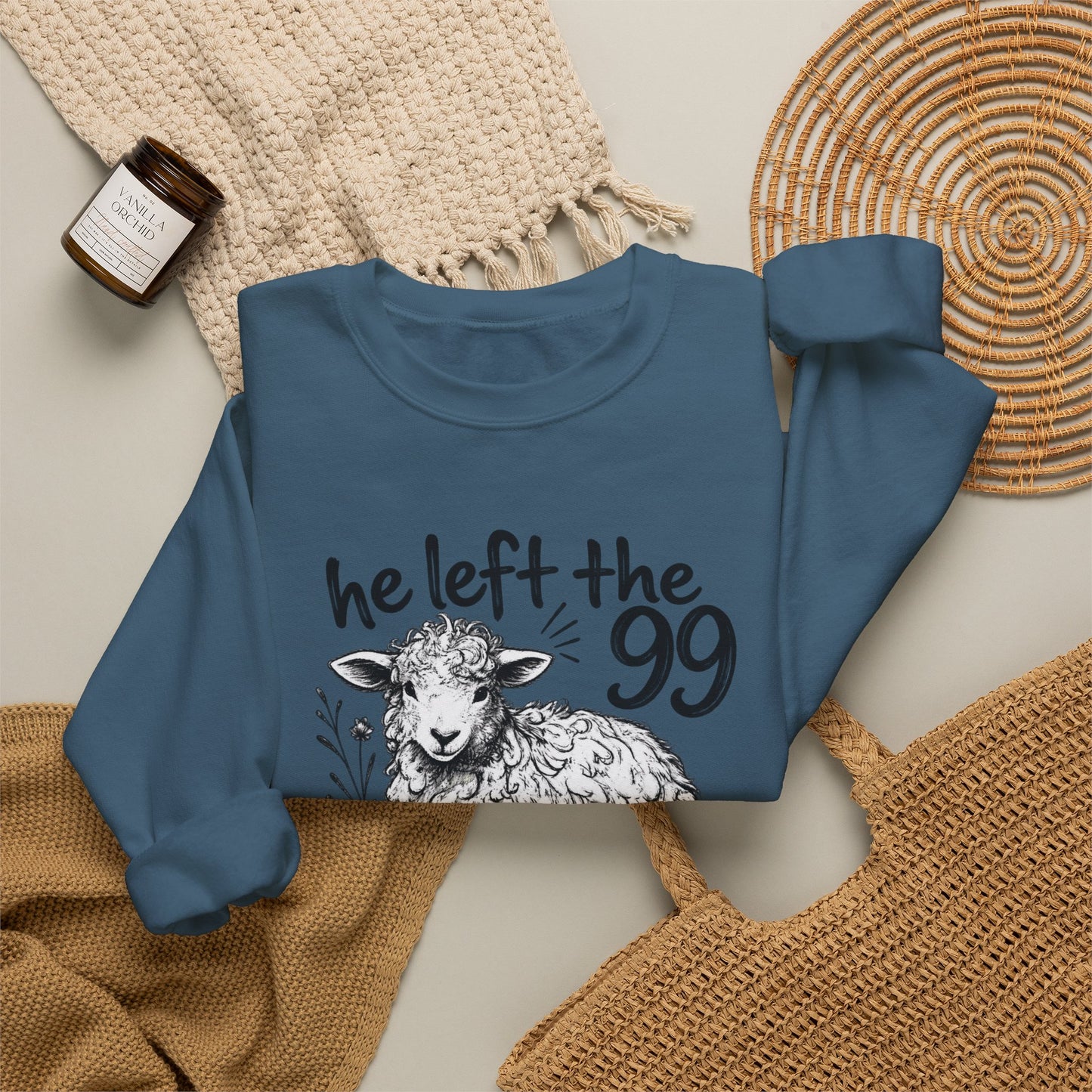 GILDAN - Christian Crewneck Sweatshirt — "He Left the 99 to Find Me" Lamb Graphic