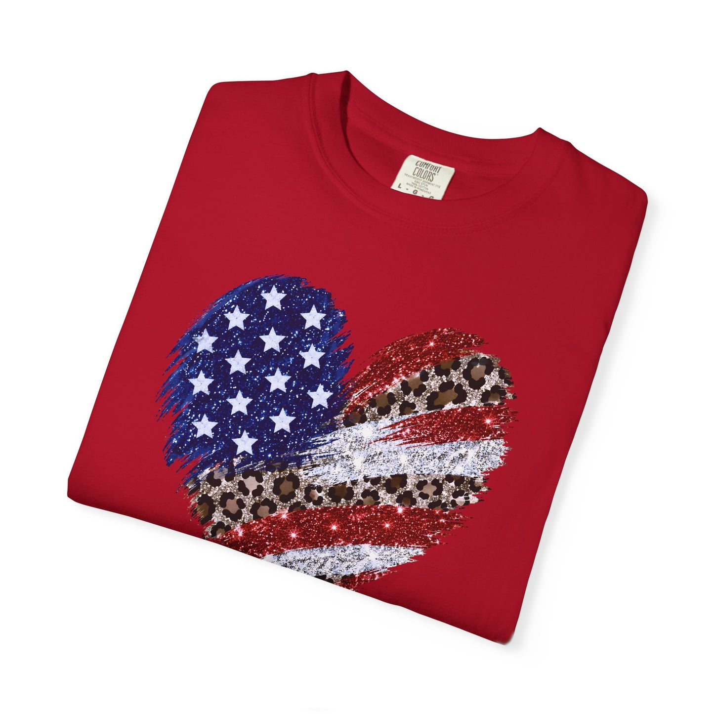 COMFORT COLORS - Patriotic Leopard Flag Heart T-Shirt — American Flag Heart Graphic Tee