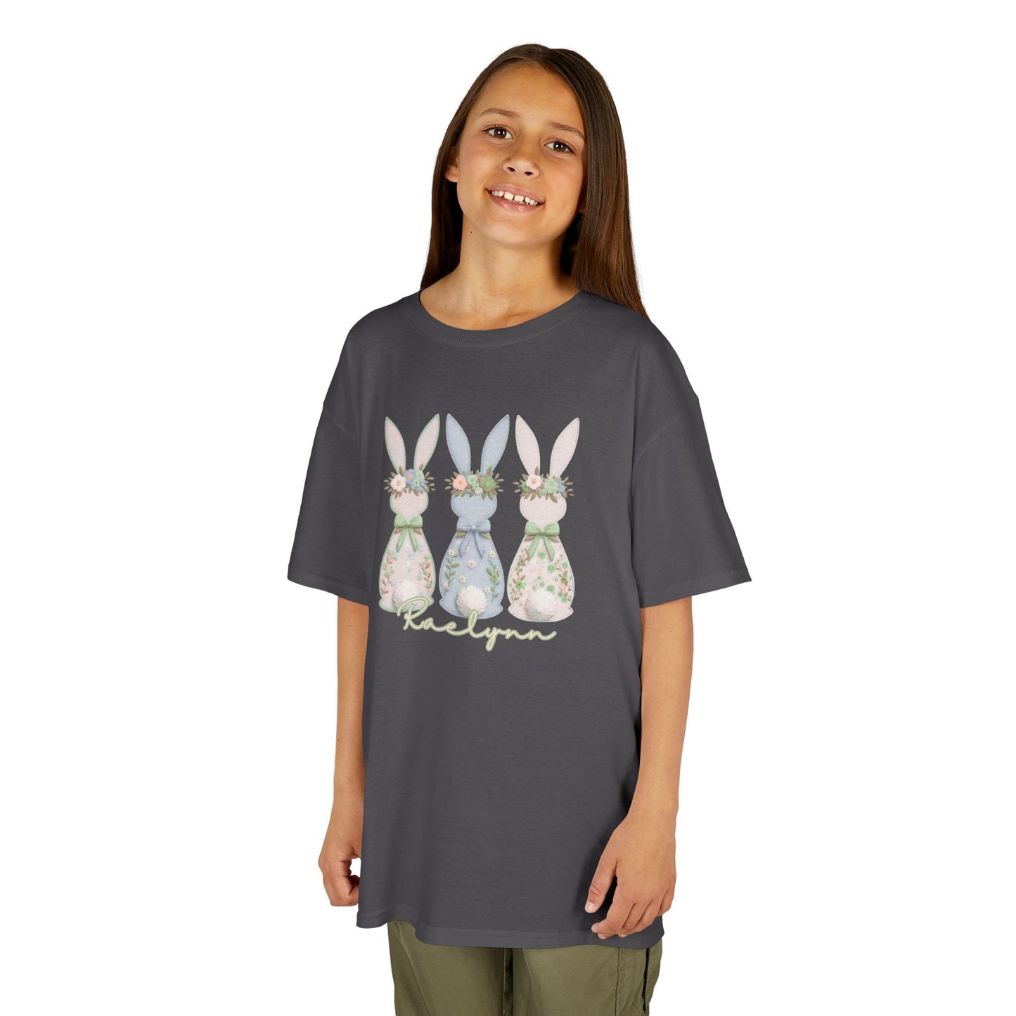 **PERSONALIZE IT ** Kids Tee — Pastel Floral Bunnies "Hello Spring" Easter Shirt