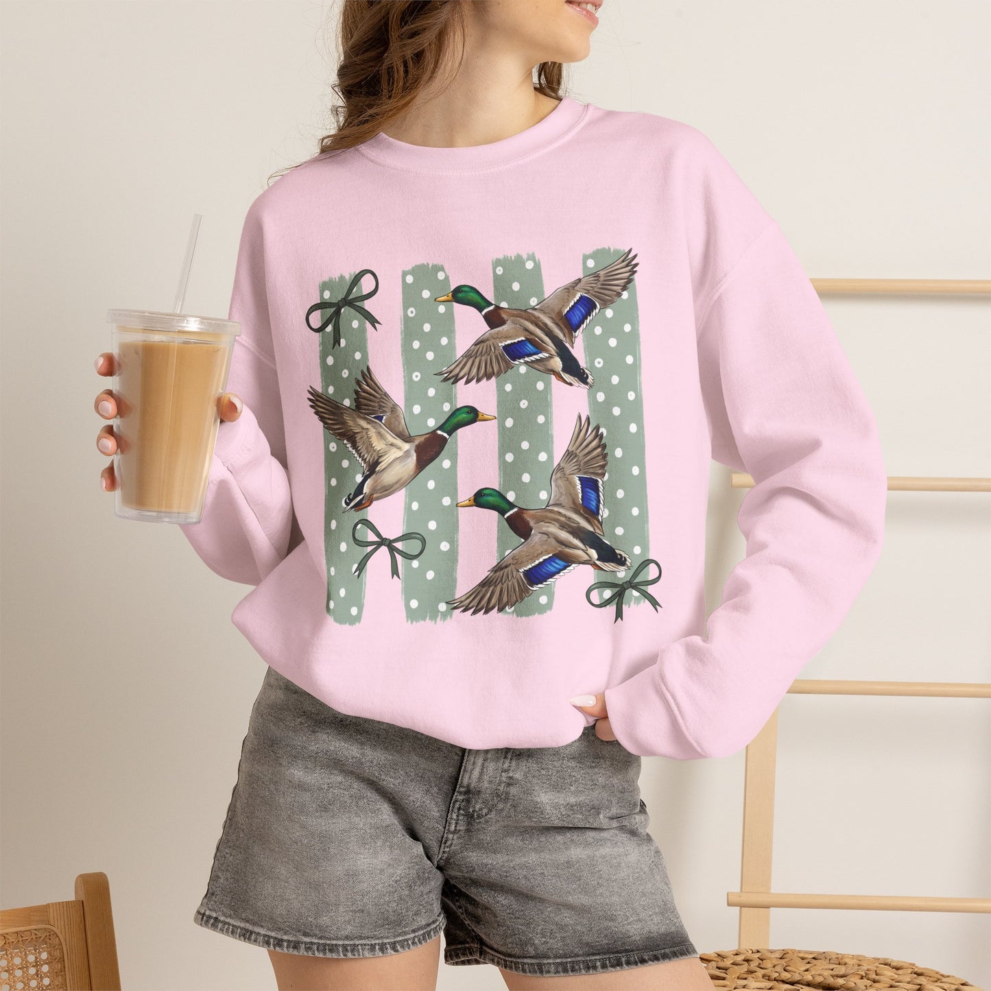 GILDAN - Mallard Duck Crewneck Sweatshirt — Polka Dot Stripe Waterfowl Graphic